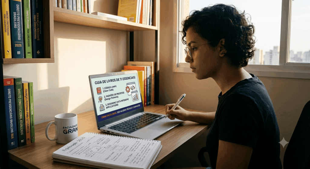 mulher pesquisando sobre livros de ti para estudar