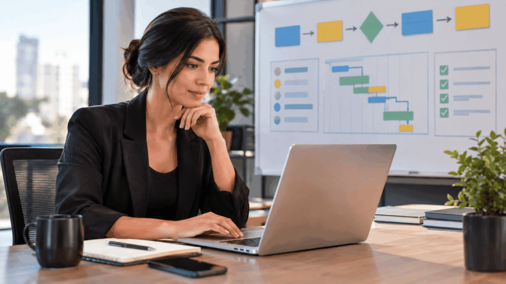 A imagem representa a Gestão por Processos e Projetos em um ambiente profissional e organizado. A profissional trabalha no planejamento enquanto elementos visuais remetem ao acompanhamento de etapas, prazos e resultados. A composição transmite estratégia, produtividade, integração e tomada de decisão