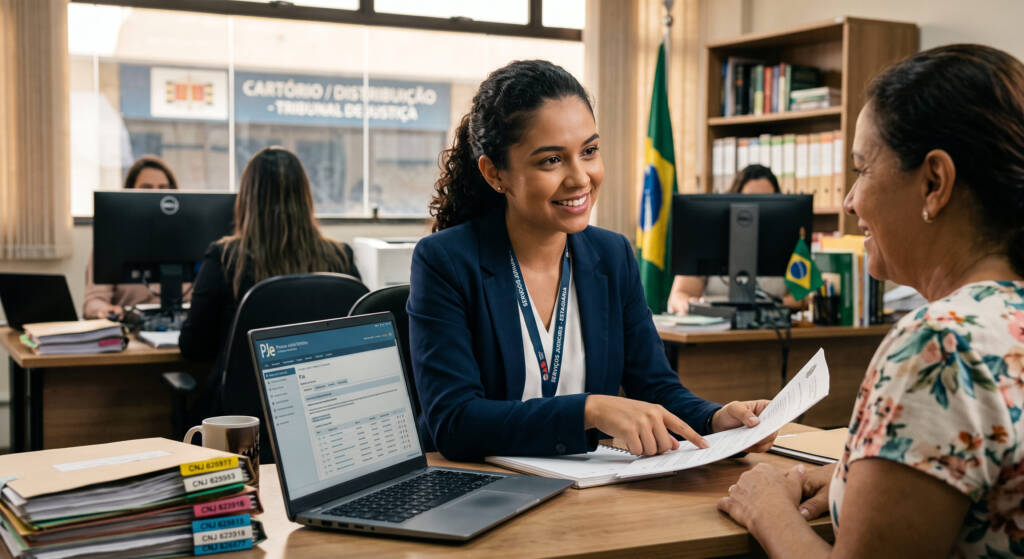 A imagem apresenta uma jovem servidora jurídica sorridente em seu ambiente de trabalho, orientando atenciosamente uma mulher do outro lado da mesa. Sobre a mesa de madeira bem organizada, destacam-se um notebook aberto exibindo o sistema de processo eletrônico PJe e pastas de documentos judiciais ordenadas. Ao fundo, o ambiente profissional traz elementos característicos da justiça brasileira, como a bandeira do Brasil, estantes com livros e outros colegas de trabalho.