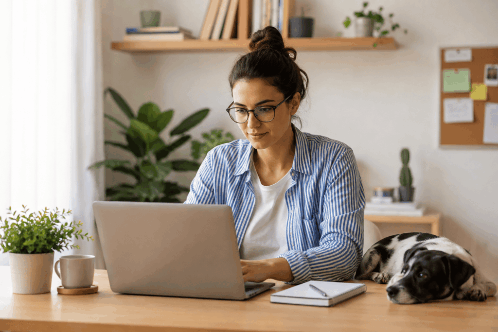 A imagem mostra uma profissional trabalhando de casa em um ambiente organizado e confortável.
Ela utiliza um notebook enquanto conta com elementos que tornam o espaço mais acolhedor.
A cena representa a flexibilidade e a autonomia características do trabalho remoto.