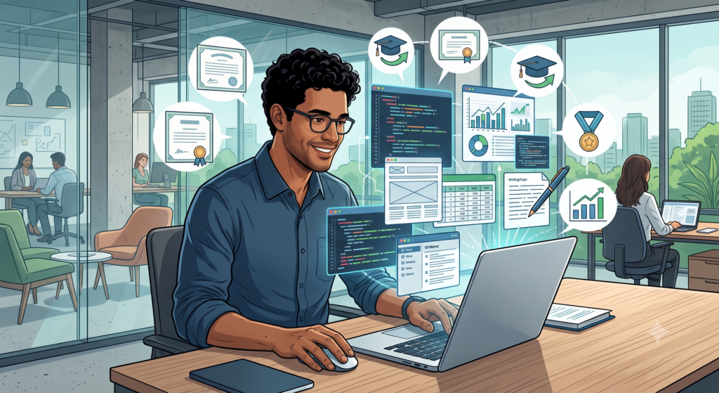 Ilustração editorial realista e moderna sobre hard skills e o futuro do trabalho, retratando um profissional adulto brasileiro confiante em um ambiente corporativo moderno, demonstrando domínio técnico. Em primeiro plano, a pessoa trabalhando em um notebook com elementos visuais que representem competências técnicas variadas, como programação, análise de dados, design, planilhas, escrita e uso de softwares especializados.