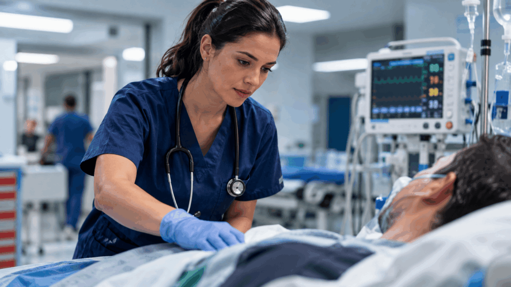 A cena mostra uma profissional de saúde realizando cuidados atentos a um paciente em ambiente hospitalar. A composição destaca equipamentos de monitoramento e o trabalho técnico e humanizado da enfermagem em urgência e emergência