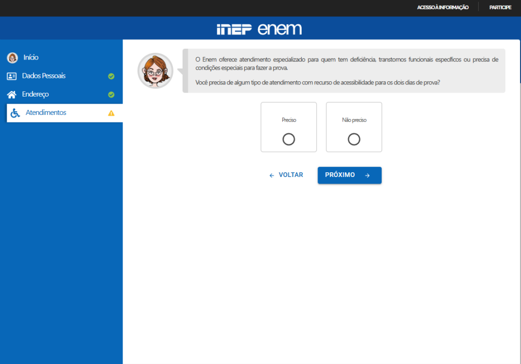 Inscrição Enem 2026:: declare se precisa de atendimento especializado