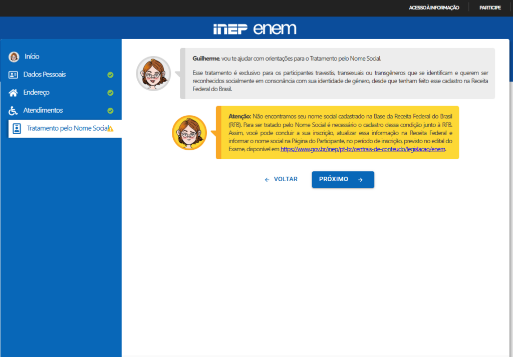 Inscrição Enem 2026:: tratamento pelo nome social