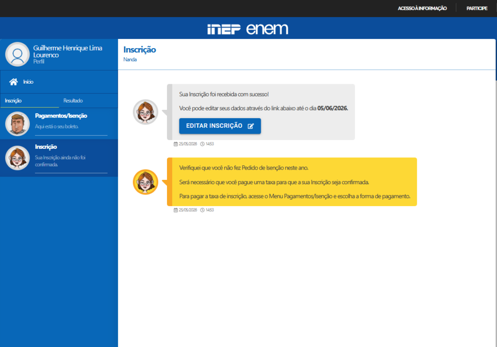 Inscrição Enem 2026:: boleto da inscrição