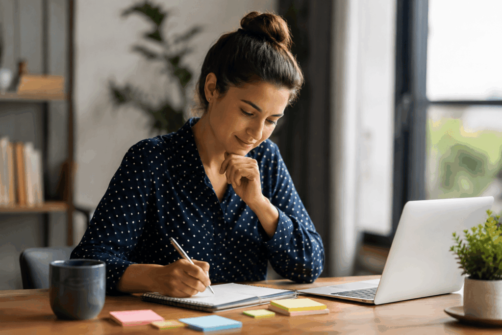 A imagem mostra uma profissional refletindo sobre seus próximos passos enquanto organiza suas ideias em um caderno.
O ambiente de trabalho, com notebook e anotações, representa planejamento, aprendizado e evolução contínua.
A cena transmite a ideia de que o desenvolvimento de carreira começa com autoconhecimento e metas bem definidas.