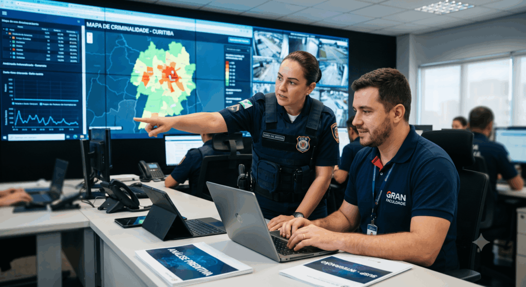 A fotografia de estilo documentário captura a colaboração humana no núcleo da segurança pública tecnológica. Uma oficial feminina da Guarda Civil Municipal aponta para os dados de um monitor, enquanto um colega de polo analisa as informações de um laptop. O ambiente de trabalho é moderno e repleto de ecrãs que exibem mapas e gráficos, focando na inteligência aplicada à prevenção do crime.