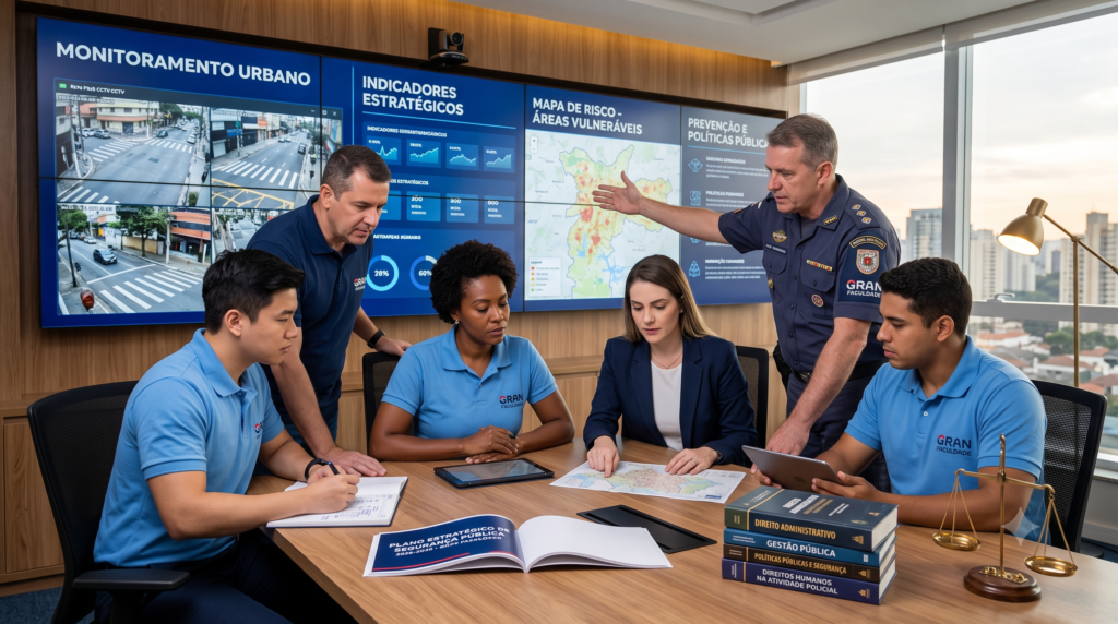 A cena mostra uma equipe diversa de profissionais de gestão em segurança pública (incluindo uma pessoa negra) analisando dados em um centro de operações moderno: mapas da cidade, indicadores estratégicos, mapa de risco e painel de prevenção nas telas, além de livros de Direito Administrativo, Gestão Pública, Políticas Públicas e Direitos Humanos, balança da justiça e o plano estratégico sobre a mesa. 