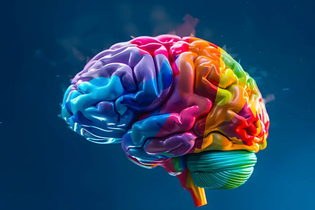 Imagem ilustrativa de um cérebro humano colorido representando criatividade e inteligência, com fundo escuro para destaque.