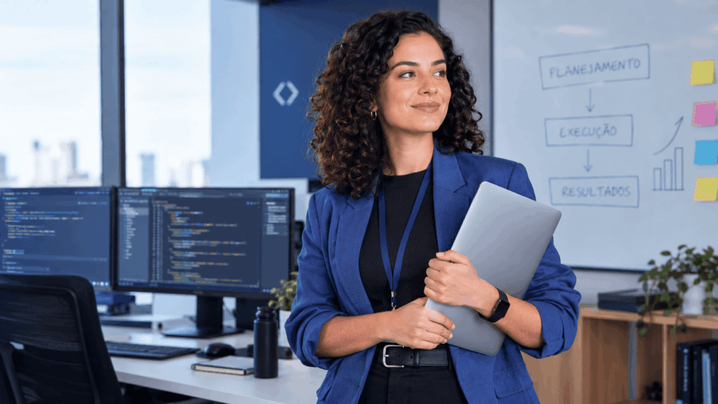 A imagem representa o profissional de Tech Manager em um ambiente corporativo de tecnologia, destacando a liderança e a gestão de equipes. O cenário combina ferramentas digitais, planejamento estratégico e acompanhamento de resultados. A composição ilustra como um Tech Manager conecta conhecimento técnico, gestão de projetos e desenvolvimento de soluções tecnológicas.