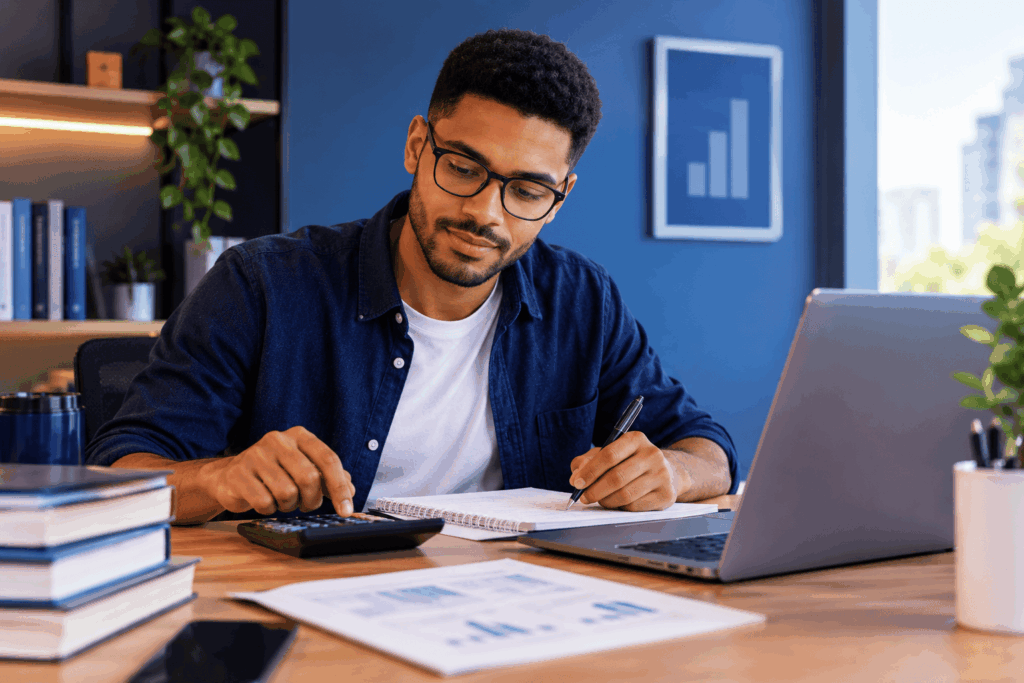A imagem mostra um estudante analisando conteúdos de Ciências Contábeis em um ambiente moderno de estudos. Calculadora, cadernos, livros e computador reforçam a relação com números, finanças e aprendizado. O cenário profissional e contemporâneo representa a jornada acadêmica e a preparação para o mercado de trabalho.
