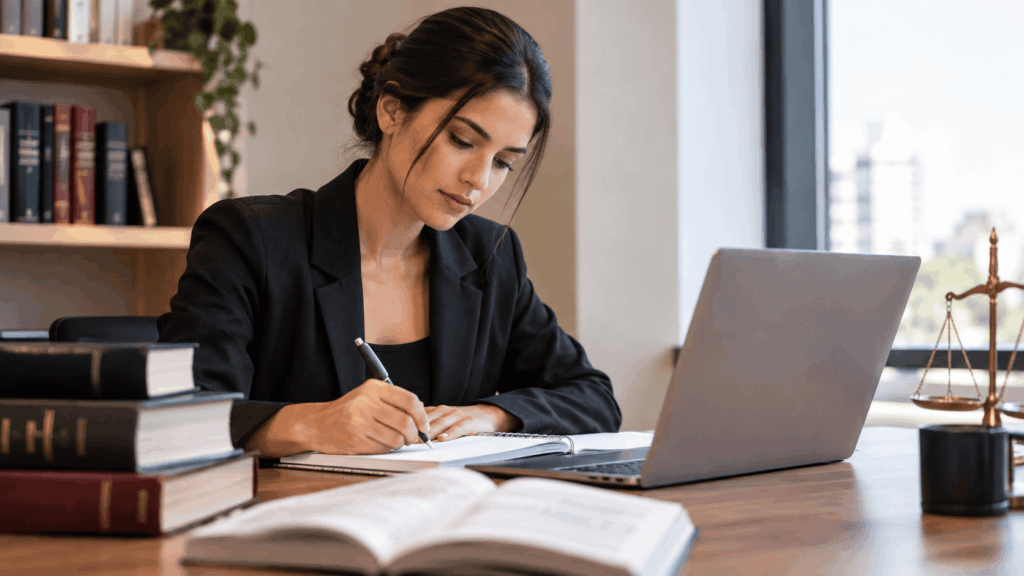 A imagem representa uma profissional estudando em um ambiente jurídico e acadêmico, com livros, notebook e símbolo da Justiça. A composição transmite concentração, formação continuada e desenvolvimento profissional. O conceito se relaciona à pós-graduação conta como atividade jurídica, tema central do conteúdo.