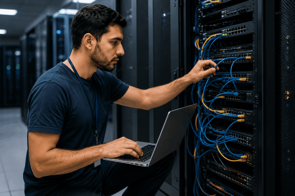 A imagem mostra um profissional de tecnologia trabalhando diretamente em um rack de servidores.
Ele organiza cabos e monitora as conexões com o auxílio de um notebook, representando atividades comuns da área de Redes de Computadores.
O ambiente reforça a importância da infraestrutura, conectividade e segurança para o funcionamento das redes modernas.