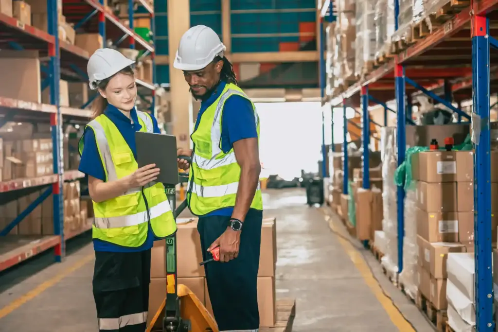 Homem e mulher trabalhando em armazém de estoque, usando equipamentos de segurança como capacete e coletes de alta visibilidade, verificando inventário.