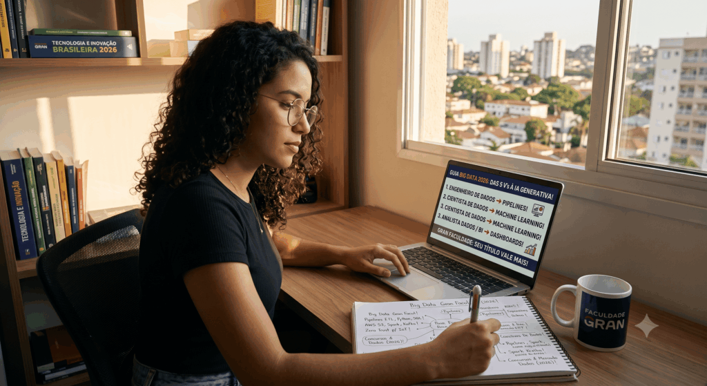 Uma estudante foca em seu notebook, analisando um guia sobre Big Data 2026.
O material detalha as carreiras de Engenheiro, Cientista e Analista de Dados e BI.
Ao lado, um caderno de anotações e um certificado confirmam seu progresso na Gran Faculdade