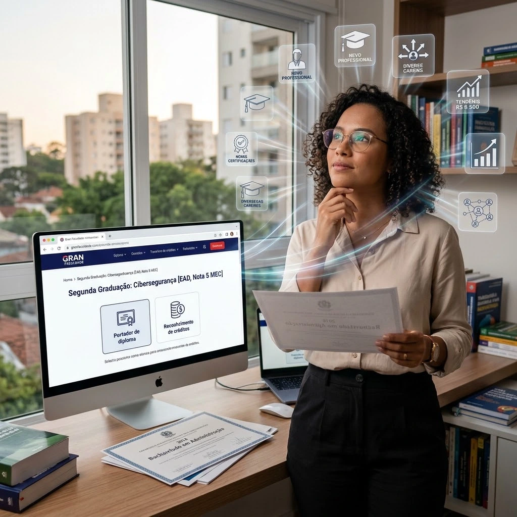 Mulher profissional de óculos segurando um diploma de graduação em um escritório bem iluminado. Sobre a mesa, há um computador exibindo a página de ingresso por portador de diploma e aproveitamento de créditos, acompanhado de ícones visuais representando novos caminhos de carreira, certificações e crescimento profissional.