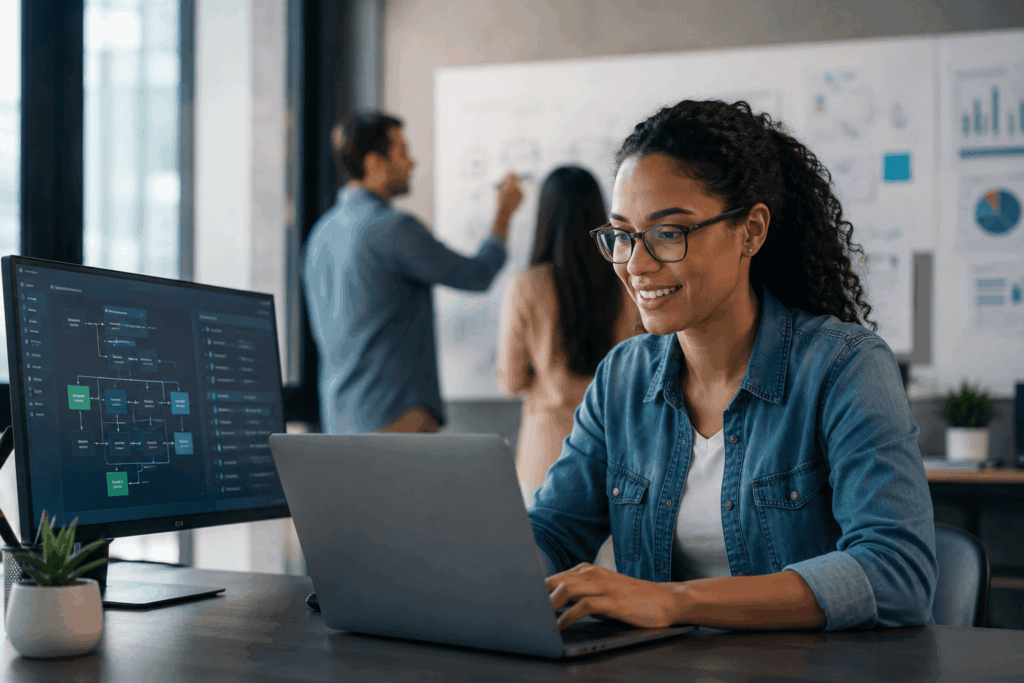 A imagem mostra uma profissional de tecnologia trabalhando em um ambiente corporativo moderno.
Ela utiliza um notebook enquanto um monitor exibe fluxos e informações relacionados a sistemas.
Ao fundo, colegas colaboram diante de um quadro com gráficos, representando a integração entre tecnologia, dados e negócios.