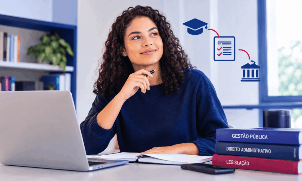 A imagem representa uma estudante que busca uma formação superior para ampliar suas oportunidades profissionais. O cenário reúne elementos de estudo e preparação para concursos públicos, destacando o planejamento e a dedicação. A composição ilustra como um curso tecnólogo para concurso pode fazer parte da trajetória de quem deseja ingressar no serviço público.