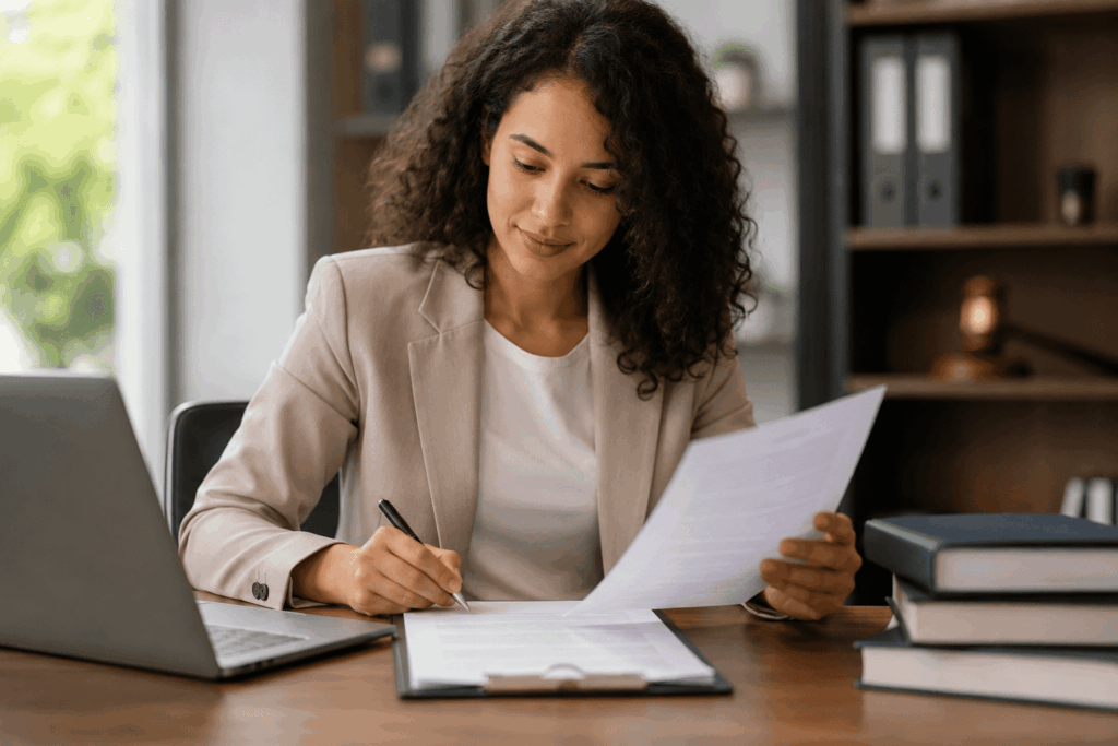 A imagem representa um profissional em um ambiente de trabalho, analisando documentos e informações com atenção.
A cena remete à rotina de quem atua com licitações e contratos, unindo organização, conhecimento técnico e tomada de decisões.
Elementos como documentos, livros e computador reforçam a conexão com a área administrativa e jurídica.