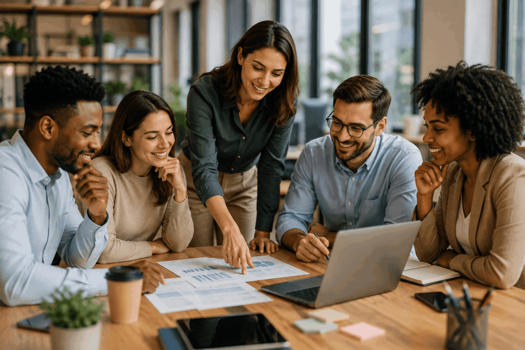 A imagem apresenta uma equipe diversa reunida em um escritório moderno, em um momento de colaboração. Os profissionais analisam gráficos e documentos enquanto compartilham ideias ao redor da mesa. A cena transmite integração, planejamento e valorização das pessoas no ambiente corporativo.