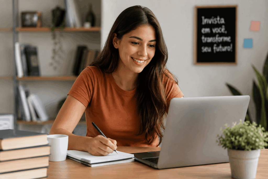 A imagem mostra uma jovem estudando em casa, utilizando um notebook e fazendo anotações em um caderno.
O ambiente organizado, com livros e plantas, transmite uma sensação de conforto e concentração durante os estudos.
A cena representa a busca por novos conhecimentos e o desenvolvimento profissional por meio da educação.