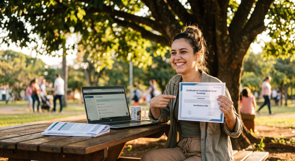 Em uma tarde ensolarada em Bauru, Luana celebra a ponte entre a prática e a academia. Ela exibe orgulhosamente seu certificado de conclusão, conectando seu aprendizado técnico ao reconhecimento do ensino superior representado pelo diploma e pelo portal da faculdade em seu laptop. A imagem captura a alegria e a realização de quem traçou um caminho claro e validado para sua carreira.