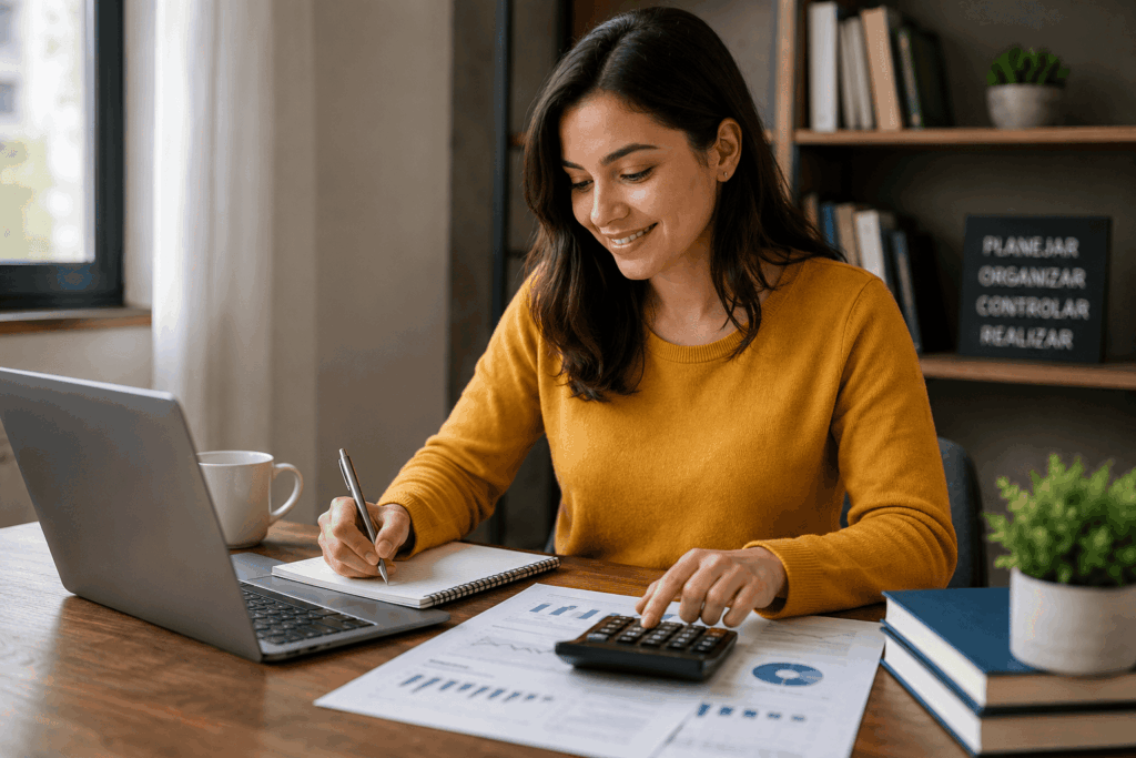 mulher com calculadora estudando gestão financeira ead