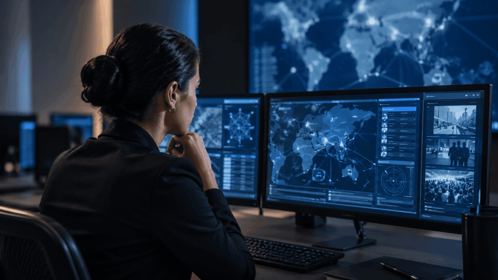 A imagem representa a pós-graduação em Inteligência Policial e de Estado em um ambiente moderno de análise e monitoramento.
Uma profissional observa mapas, conexões e informações digitais, remetendo à inteligência cibernética e à análise estratégica.
A composição transmite concentração, tecnologia e atuação profissional na proteção da sociedade e do Estado.