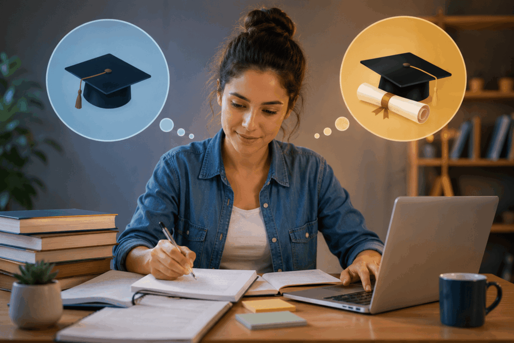 A imagem representa uma estudante conciliando graduação e pós-graduação em sua rotina de estudos.
Ela aparece entre livros, notebook e materiais acadêmicos, simbolizando os diferentes desafios dessa jornada.
A composição transmite a ideia de crescimento profissional e dedicação aos estudos.