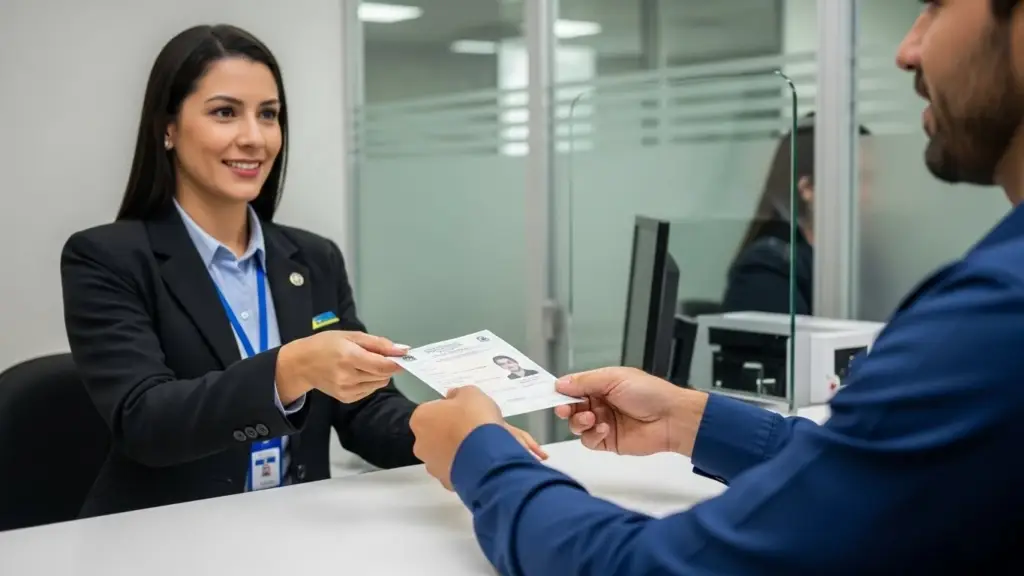 Atendente do governo entregando documento oficial para um cliente em agência pública, atendendo necessidades burocráticas com profissionalismo e eficiência.