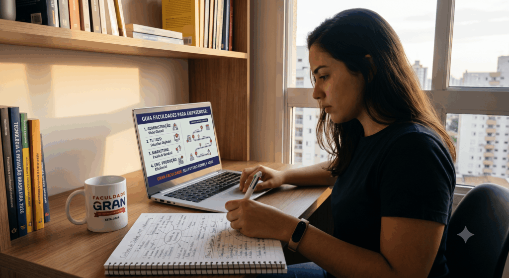mulher pesquisando em notebook sobre Faculdades para quem quer empreender