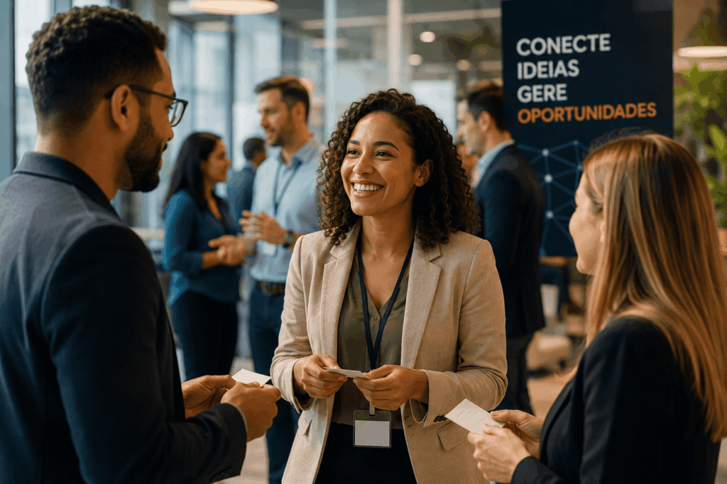 Cena de um evento profissional com pessoas conversando e trocando contatos. A composição transmite proximidade, colaboração e construção de relacionamentos. O ambiente corporativo reforça a ideia de networking como ferramenta para desenvolvimento e crescimento de carreira.