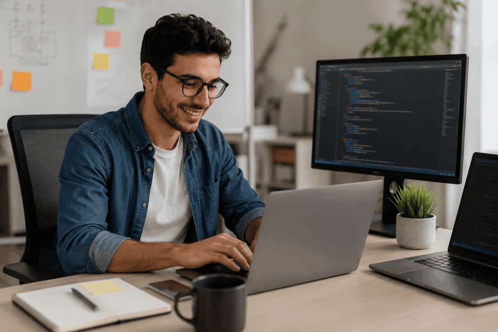 homem trabalhando em computador em home office com analise e desenvolvimento de sistemas