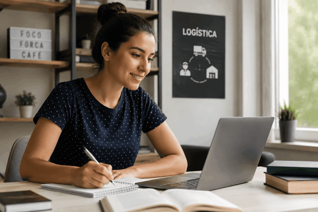 A imagem mostra uma estudante em um ambiente doméstico, acompanhando os estudos pelo notebook e fazendo anotações.
O espaço organizado transmite foco, autonomia e rotina de aprendizagem.
Ao fundo, elementos relacionados à logística reforçam a conexão entre a formação EAD e a área profissional.