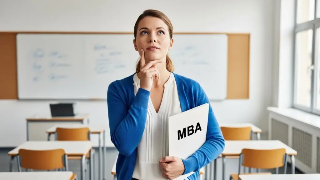 Mulher jovem pensativa segurando um diploma de MBA em sala de aula vazia, simbolizando educação e carreira, com ênfase no estudo de pós-graduação.
