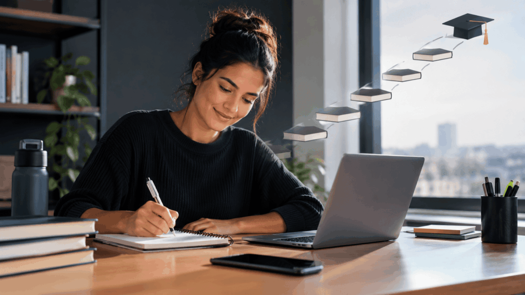 A imagem representa uma estudante em um ambiente moderno de estudos, utilizando notebook e materiais acadêmicos. A composição associa aprendizado, planejamento e avanço profissional à ideia de graduação acelerada. Ao fundo, livros formam uma trajetória ascendente até um capelo, simbolizando a conclusão da formação.