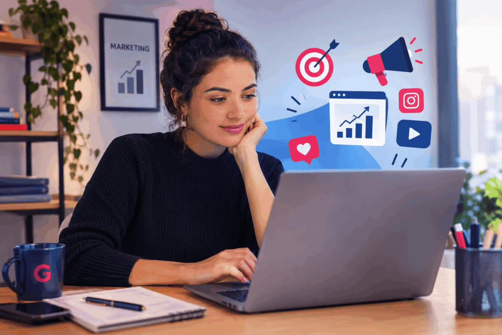 A imagem representa uma profissional explorando estratégias digitais em seu ambiente de trabalho, com elementos que remetem a campanhas, redes sociais e análise de resultados. O cenário destaca a criatividade e o pensamento estratégico presentes no curso de tecnólogo em Marketing EAD. A composição transmite uma visão moderna e profissional da área, aproximando a formação acadêmica das possibilidades do mercado de trabalho.











Esta conversa está sendo útil até agora?