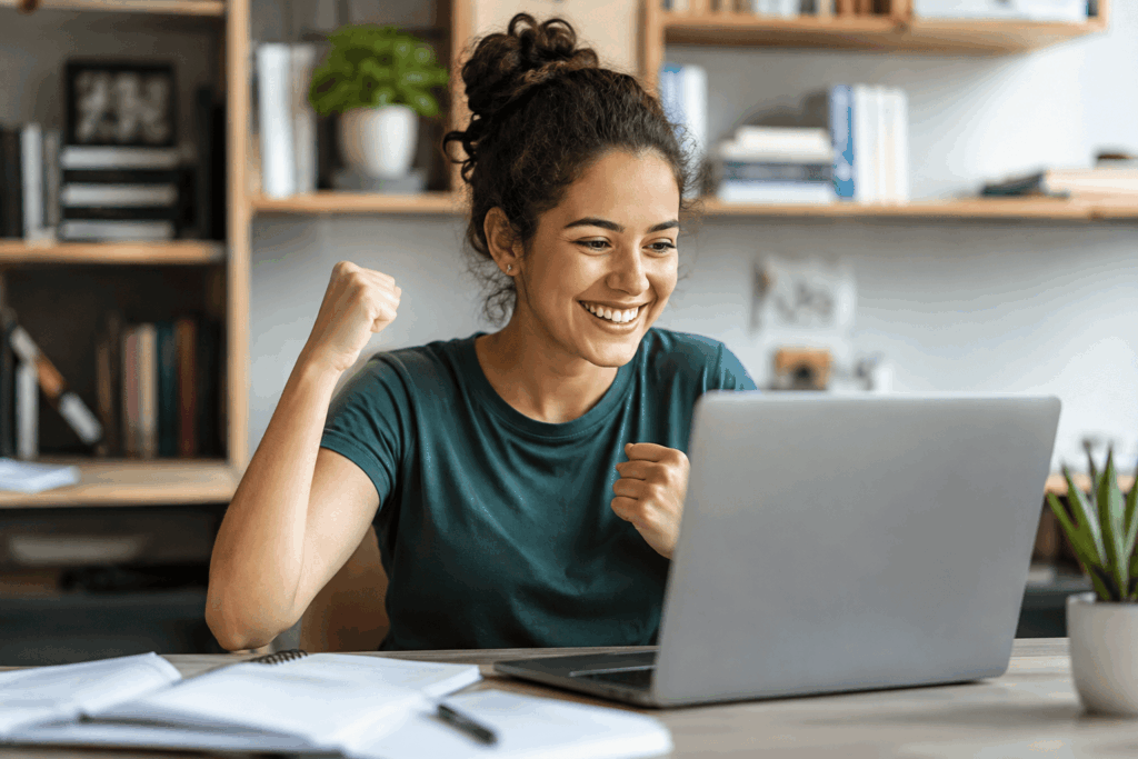 mulher no computador comemorando que passou no prouni-2026-2-resultado-segunda-chamada