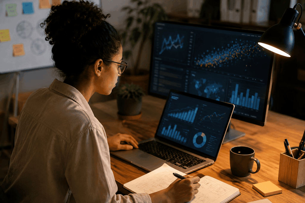 A imagem mostra uma profissional analisando dados em um ambiente de trabalho moderno e acolhedor. Ela utiliza gráficos e visualizações em diferentes telas enquanto registra observações em um caderno. A cena representa a combinação entre tecnologia, análise e pensamento estratégico presente na rotina de um cientista de dados.