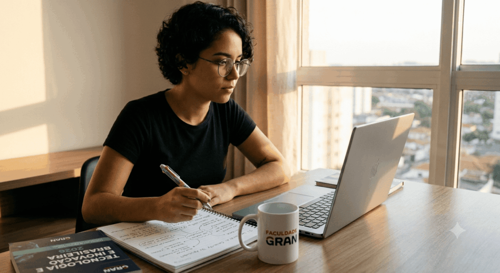 mulher pesquisando em notebook sobre cursos de ti