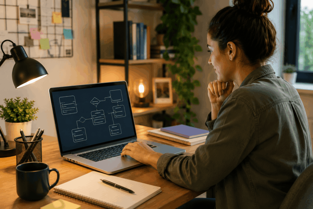 A imagem mostra uma estudante concentrada diante do notebook, analisando uma estrutura visual de banco de dados. O ambiente aconchegante, com livros, anotações, plantas e materiais de estudo, transmite uma rotina de aprendizado. A composição aproxima o tema de tecnologia do cotidiano de quem está se preparando para atuar na área.