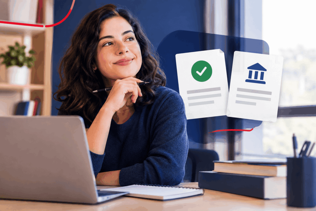 A cena mostra uma estudante analisando documentos relacionados à sua formação acadêmica. Os elementos visuais representam a diferença entre um curso reconhecido ou autorizado pelo MEC. A composição reforça a importância de verificar a situação da instituição antes de escolher um curso.