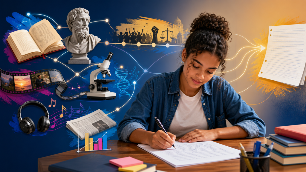 Estudante escreve uma redação enquanto livros, busto filosófico, linha do tempo histórica, microscópio, filme, fones de ouvido, jornal e gráficos representam diferentes fontes de repertório sociocultural.