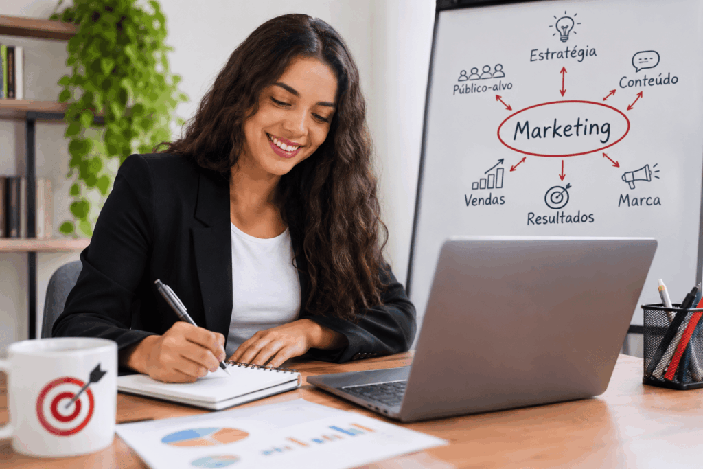 A imagem mostra uma estudante de Marketing em um ambiente profissional e criativo. Ela trabalha no notebook enquanto organiza ideias e anotações sobre estratégia, vendas, público-alvo e resultados. A composição representa a conexão entre aprendizado e prática no mercado de trabalho.