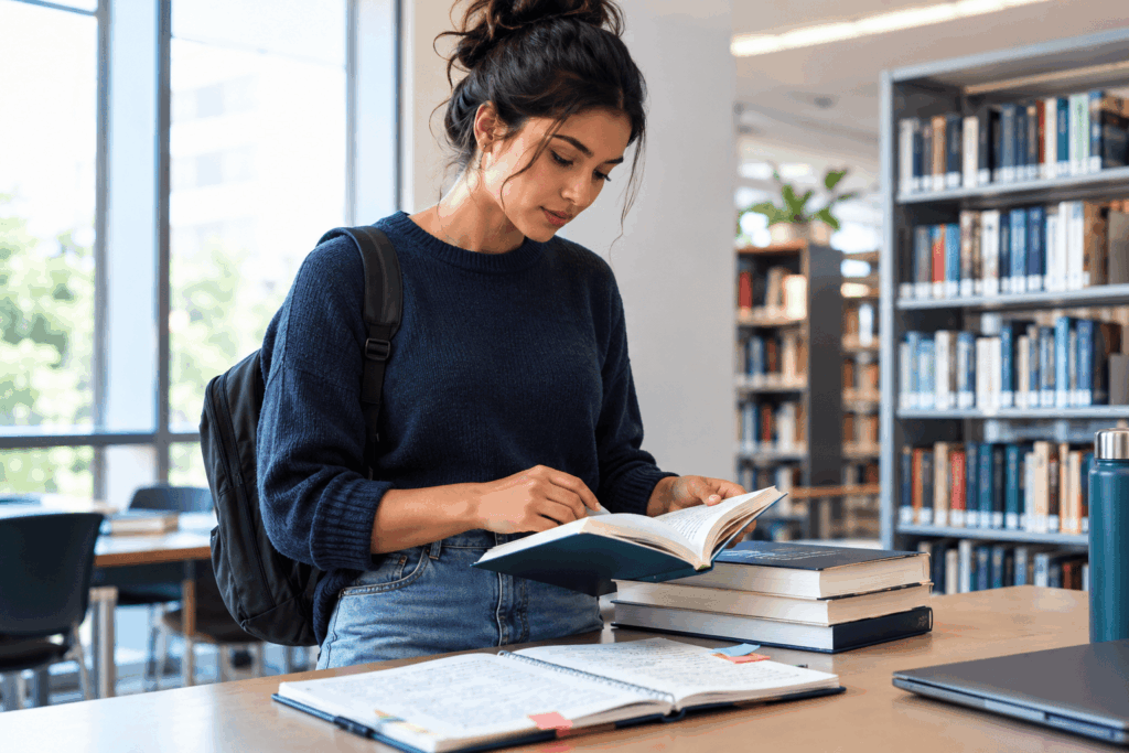 A imagem representa uma estudante pesquisando referências em livros e anotações para aprimorar sua escrita. O ambiente de estudo transmite concentração, organização e busca por conhecimento. A composição ilustra o uso de citações para redação como recurso para fortalecer argumentos e ampliar o repertório sociocultural no Enem.