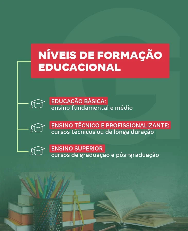 Infográfico sobre níveis de formação educacional incluindo educação básica, ensino técnico e profissionalizante, e ensino superior, com livros, cadernos e materiais de estudo ao fundo.