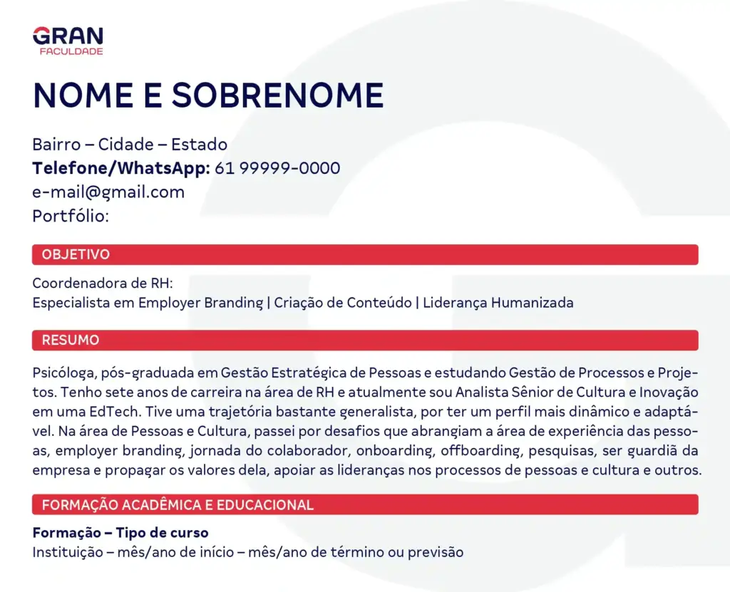 Imagem de um modelo de currículo com seções de objetivo, resumo, formação acadêmica e educacional, voltado para áreas de RH e employer branding.