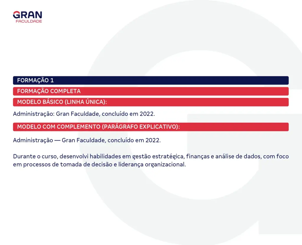 Imagem de documento de graduação da Gran Faculdade mostrando os detalhes do curso de administração e seus modelos de formação concluída em 2022.
