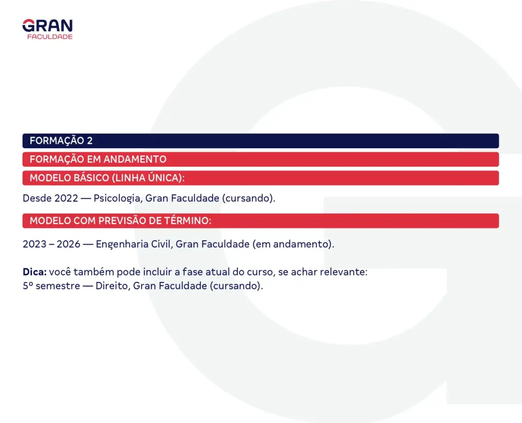 Imagem de uma apresentação de curso de engenharia civil na Gran Faculdade, destacando as fases do curso, incluindo formação em andamento e previsão de término.