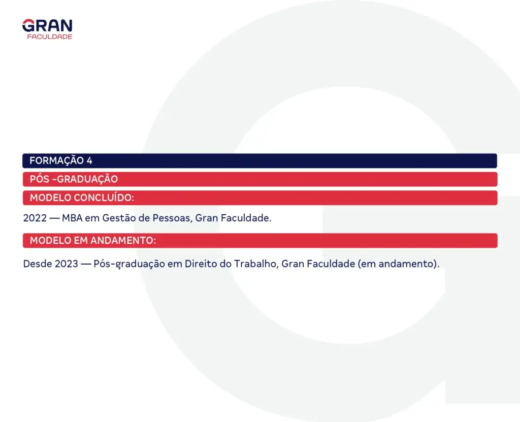 Detalhes do modelo de pós-graduação em Gestão de Pessoas no Gran Faculdade, incluindo o andamento do curso de Direito do Trabalho em 2023.